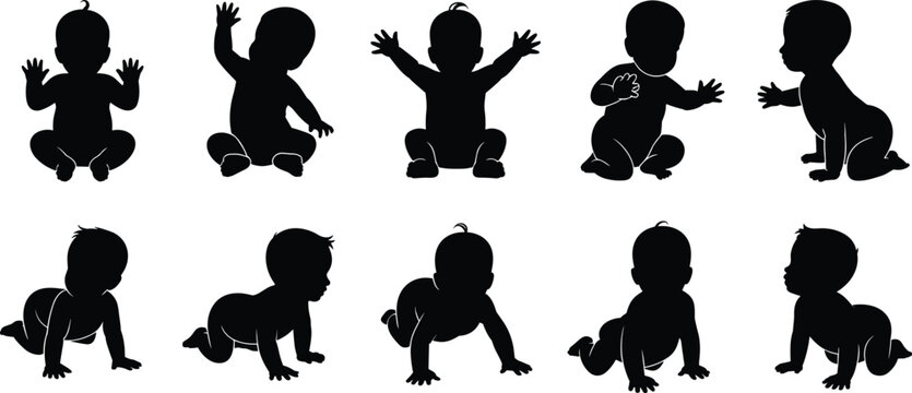 Vector illustration of baby silhouette in crawling and sitting positions, toddler movement poses, black infant figures collection for child development design