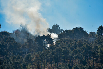 Smoke rises above a lush green forest under a clear blue sky, hinting at a potential fire in Meghalaya. 