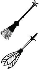 Two detailed black and white broom illustrations