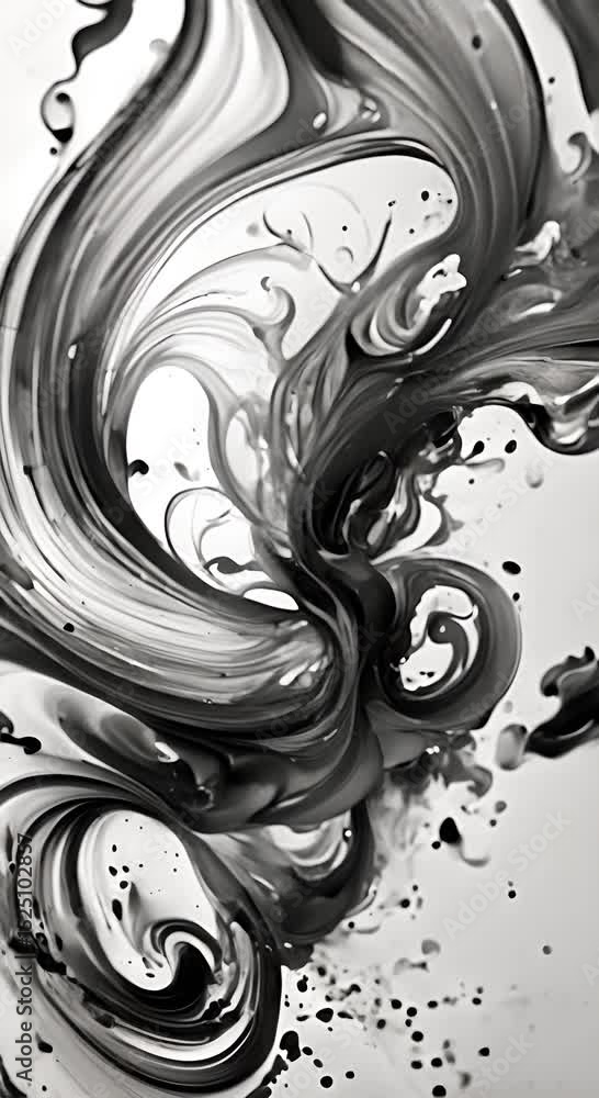 Poster black ink swirls and dances in a white background creating abstract patterns 4k vertical