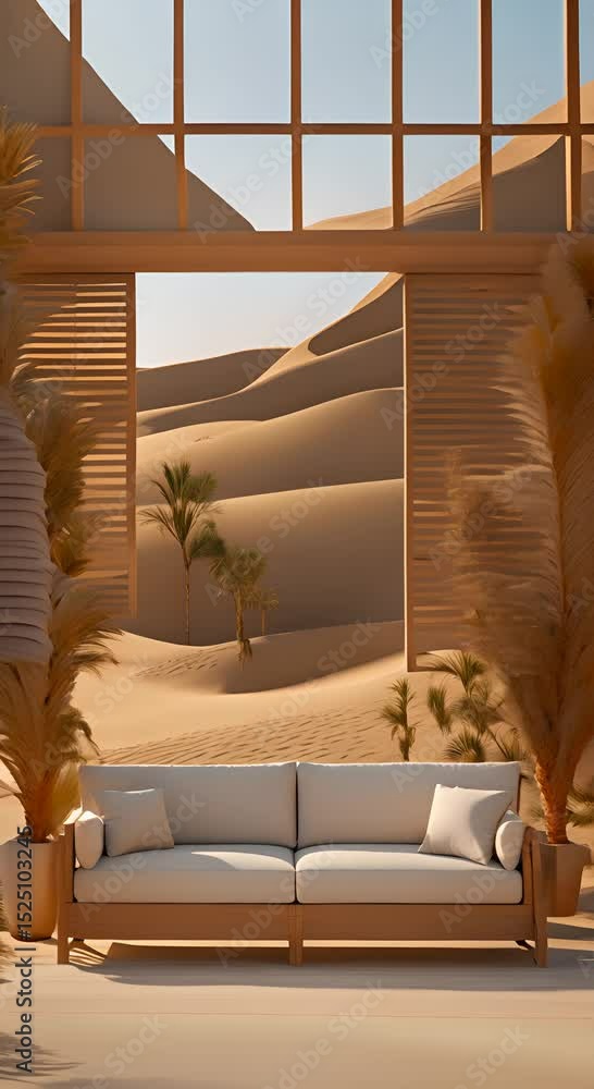 Poster a wicker sofa sits in front of a large window with a view of desert dunes 4k vertical