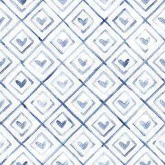 Elegant seamless pattern with hand-drawn blue hearts inside geometric diamond shapes. Watercolor texture adds a soft and delicate feel. Perfect for wrapping, fabric, or baby items.