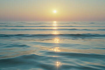 A vast and tranquil ocean at sunrise, gentle waves glistening under soft golden light, endless horizon blending with the sky, no boats or people, peaceful solitude, a deep sense of calm