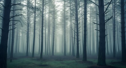 Fototapeta premium Foggy pine forest with vertical trees