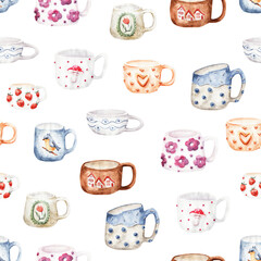 Seamless watercolor pattern with cozy mugs. Hand drawn ceramic cups in pastel tones with hearts, flowers and berries. Cute repeating print for kitchen decor or fabric.