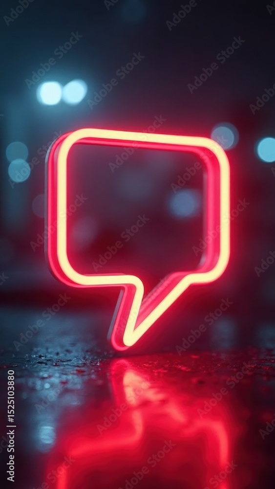 Poster a neon-lit 3d message bubble icon with a slight transparency, glowing against a dark interface, cybe