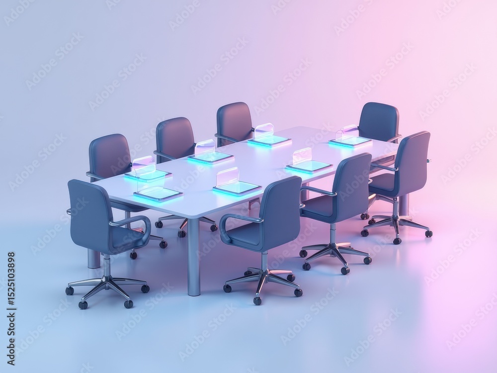 Poster a minimalist 3d icon of a conference table with holographic name tags, soft shadows, and a subtle gl