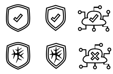Cybersecurity Shield and Cloud Network Icons – Line Style Vector Set