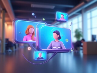 A futuristic 3D video call icon with floating screens and a blurred office background, representing remote meetings.