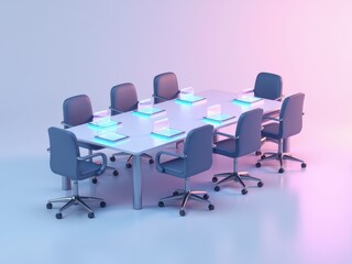 A minimalist 3D icon of a conference table with holographic name tags, soft shadows, and a subtle glass texture for corporate meetings.
