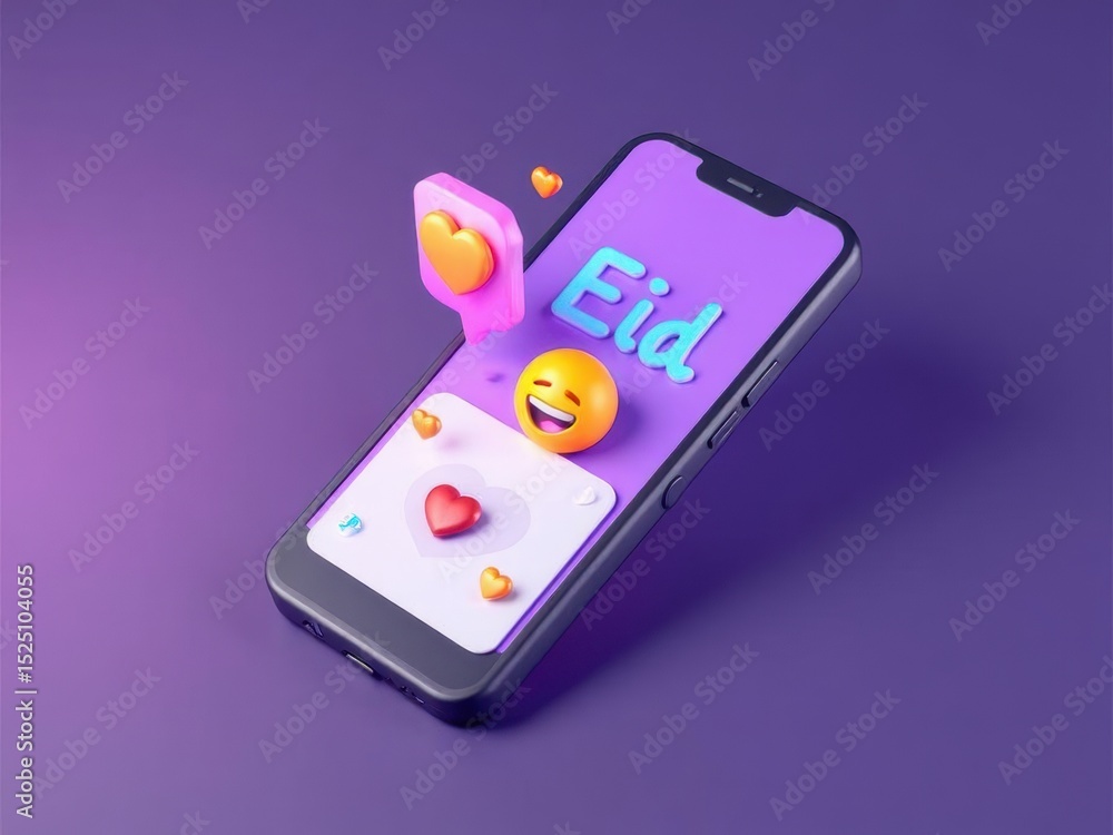 Poster a modern 3d icon of a smartphone displaying eid greetings with floating emoji hearts above it in.