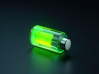 A glowing 3D battery icon with animated charging effect, green to yellow gradient, tech-inspired dark interface .