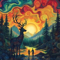 Majestic deer by a river at sunrise
