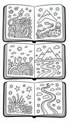 Whimsical coloring book pages featuring imaginative landscapes and abstract designs for creative inspiration.
