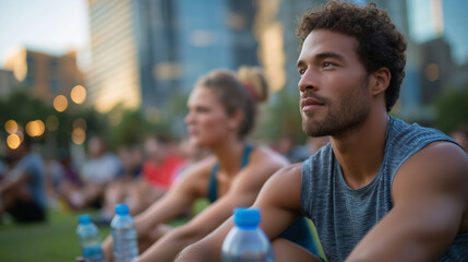 Obraz premium Athletes Relaxing Together After a Workout in City Park