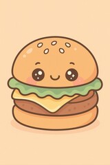 cartoon burger with cheese and lettuce, smiling face.