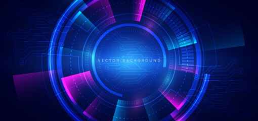 Circle neon blue and pink light ray on dark blue background. Futuristics technology concept.