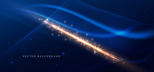 Fototapeta premium Glowing blue wave lines and gold lighting effect sparkle on dark backbround.