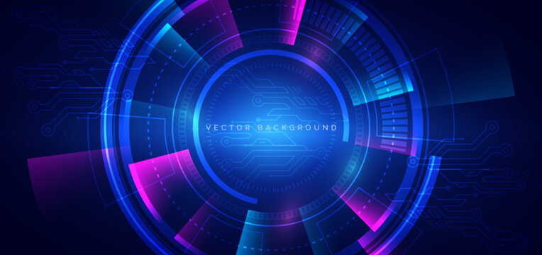 Circle neon blue and pink light ray on dark blue background. Futuristics technology concept.
