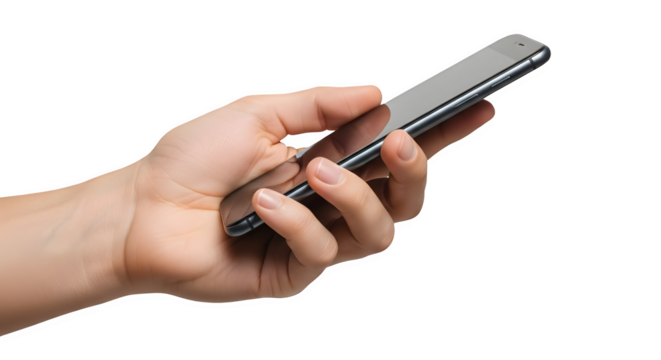 A person holding a silver smartphone in their hand against a black background view isolated on white background, tarensparent background, png, jpg,jpeg,  on transparent background