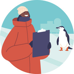 Woman polar explorer caring penguins