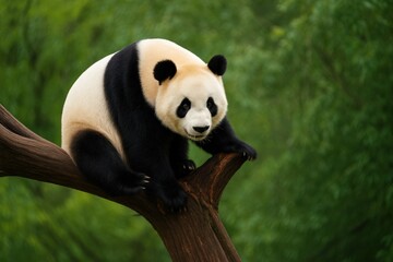 black and white pandbear sitting on tree branch.