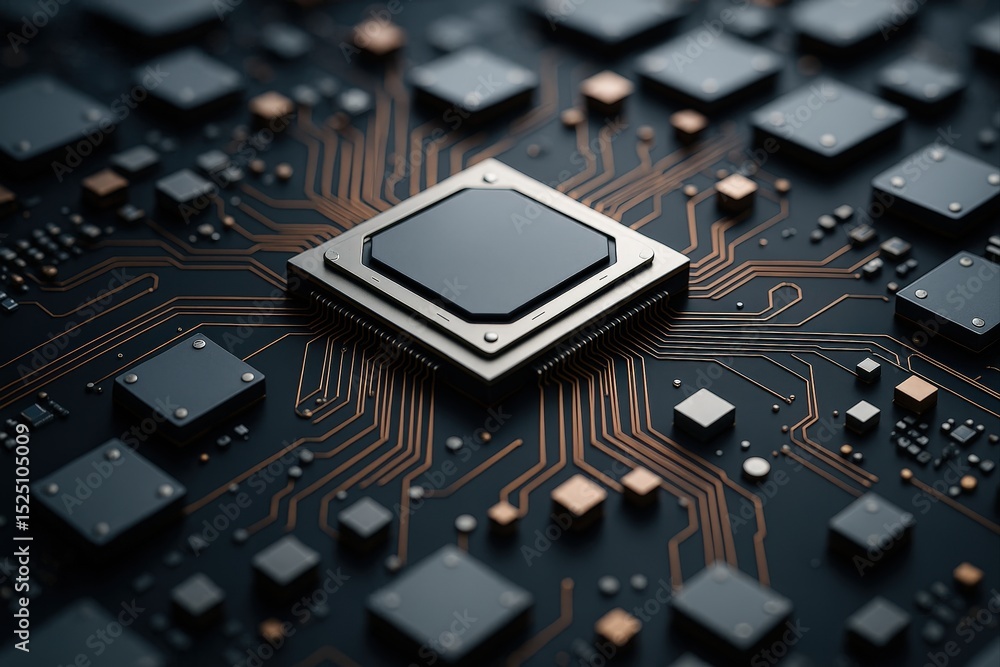 Poster central processor chip surrounded by electronic components on circuit board.