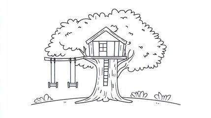 Simple black and white drawing of a treehouse (1)