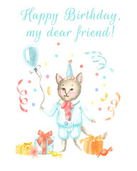 Watercolor composition with a kitten in a blue suit and cap. Composition for Birthday