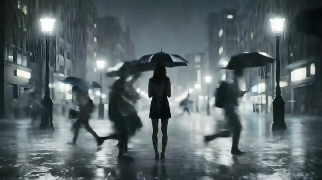 People Walking in Rainy Night City Street with Umbrellas and Reflections