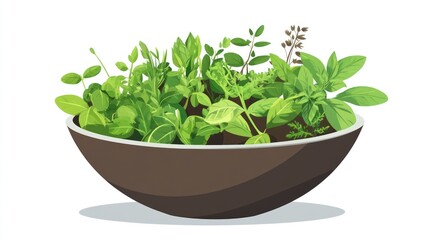 Obraz premium Bowl overflowing with fresh, green herbs and leafy greens on a white background