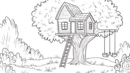 Obraz premium A treehouse nestled in a tree, surrounded by foliage. Simple line art, perfect for coloring