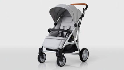 A modern baby stroller with a minimalist design, photographed on a pure white background, sharp lighting highlighting contours and features, clean product presentation.