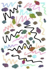 Colorful abstract shapes and lines in varying patterns on white background  