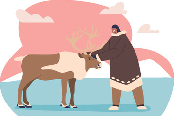 Eskimo woman caring for reindeer