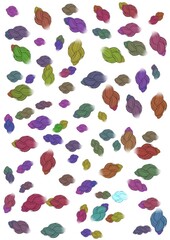 Colorful watercolor leaves scattered on a white background  