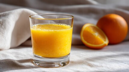 Fototapeta premium Fresh Orange Juice in a Glass with Whole and Sliced Oranges