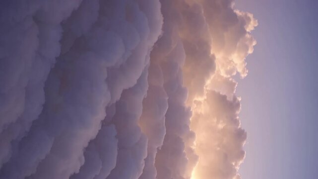 Cloud formations change colors at sunset over a tranquil landscape