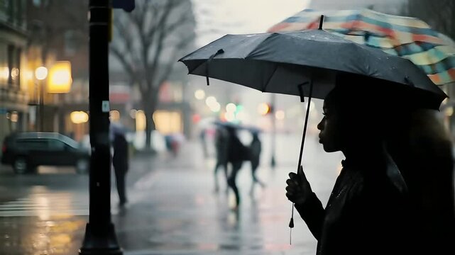 Silhouette of Woman with Umbrella on Rainy Urban Street in Backlight Evening
