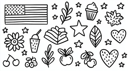 Patriotic Independence Day Countdown Calendar Line Art with Easy-to-Color Doodles for Coloring Book Design