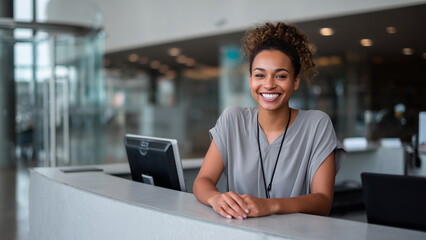 Cheerful black young female receptionist smiling warmly while standing behind a reception desk in a bright modern office, computer and phone visible.