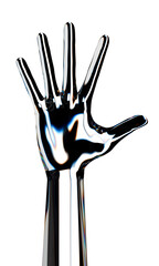 Reflection android hand with greeting gesture. Isolated AI or automated concept. 3d rendering