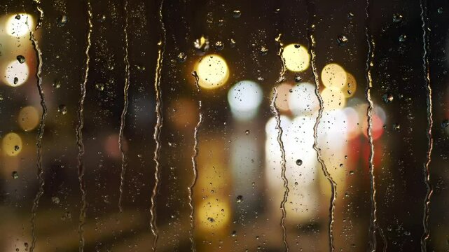 Raindrops on Window at Night with Blurred City Lights in Rainy Urban Atmosphere