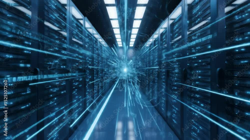 Poster exploring a modern data center infrastructure powerful servers and network technology