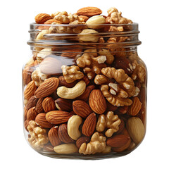 Assorted nuts in a glass jar filling the entire container on transparent background