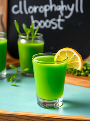 Small shot glass of bright green wheatgrass juice with lemon wedge. Juice bar setting with 'chlorophyll boost' chalkboard sign