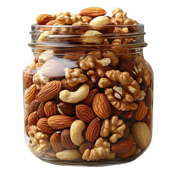 Assorted nuts in a glass jar filling the entire container on transparent background