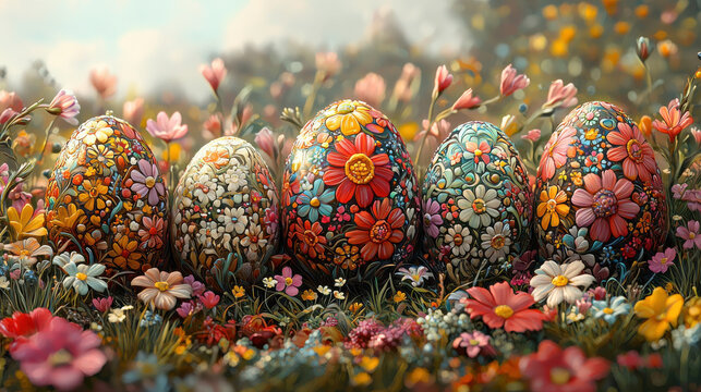 A kaleidoscope of vibrant eggs, adorned with whimsical floral patterns, nestled among a field of blooming wildflowers, all rendered by the creative touch of generative AI