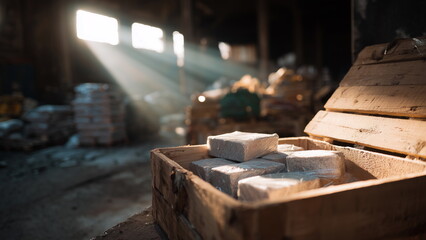 A dusty wooden crate partially open inside a dimly lit, abandoned warehouse, revealing stacks of plastic-wrapped drug bricks, shafts of light breaking through broken window.