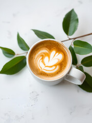 Cup of cappuccino and green leaves